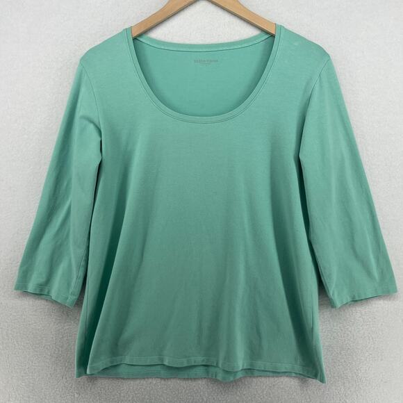 Eileen Fisher Tops - EILEEN FISHER Top L Stretch Organic Cotton Scoop Neck 3/4 Sleeve Green USA